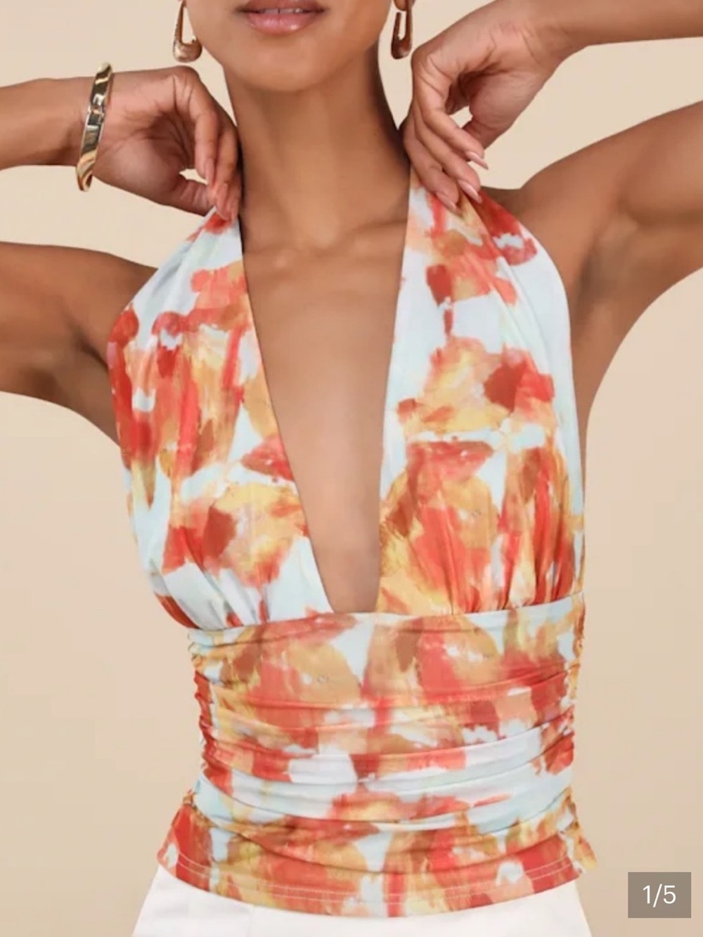 Lulus Orange & Floral Halter Top